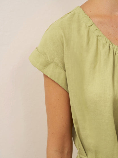 100% Linen Pleated Crew Neck Maxi Dress with Detachable Tie Straps MIRA