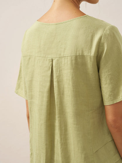 100% Linen Pleated Crew Neck Midi Dress MILA