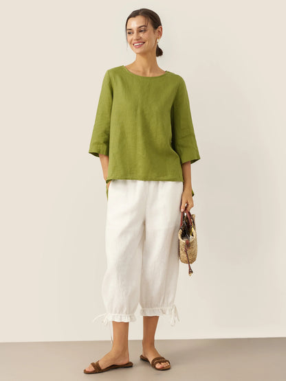 100% Linen Elastic Waist Ruffled Cuff Pants RUBY