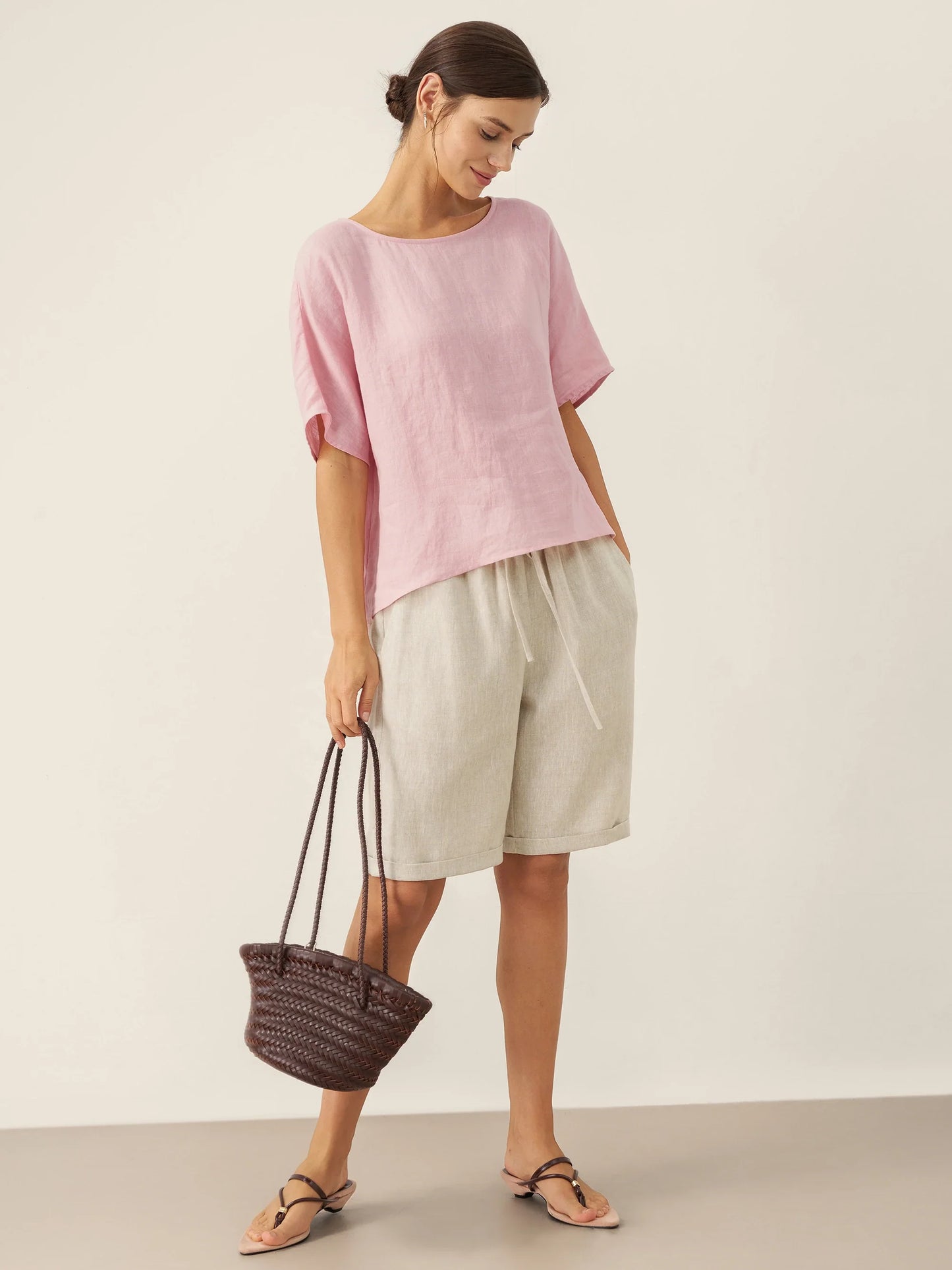 100% Linen Round Neck Back Opening Top URIELLE