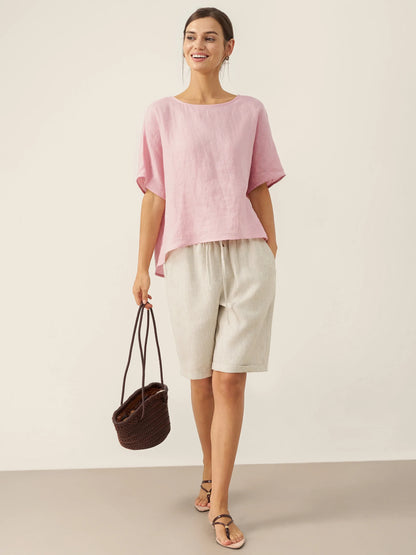 100% Linen Round Neck Back Opening Top URIELLE