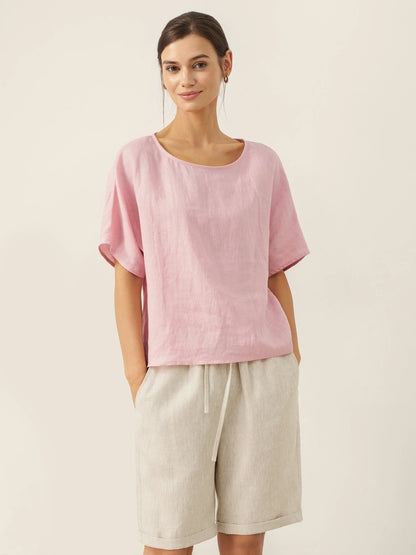 100% Linen Round Neck Back Opening Top URIELLE
