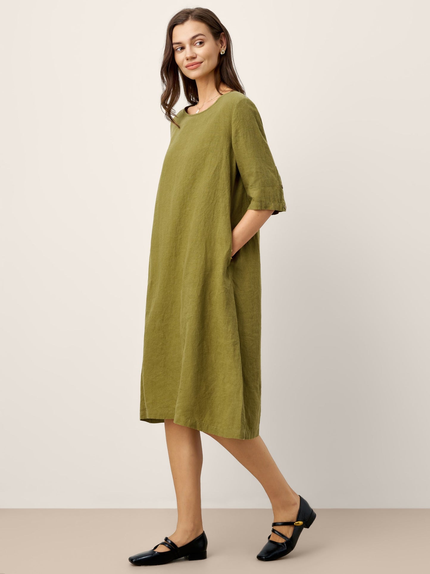100% Linen Round Neck Back Placket Pleat Midi Dress PENELOPE