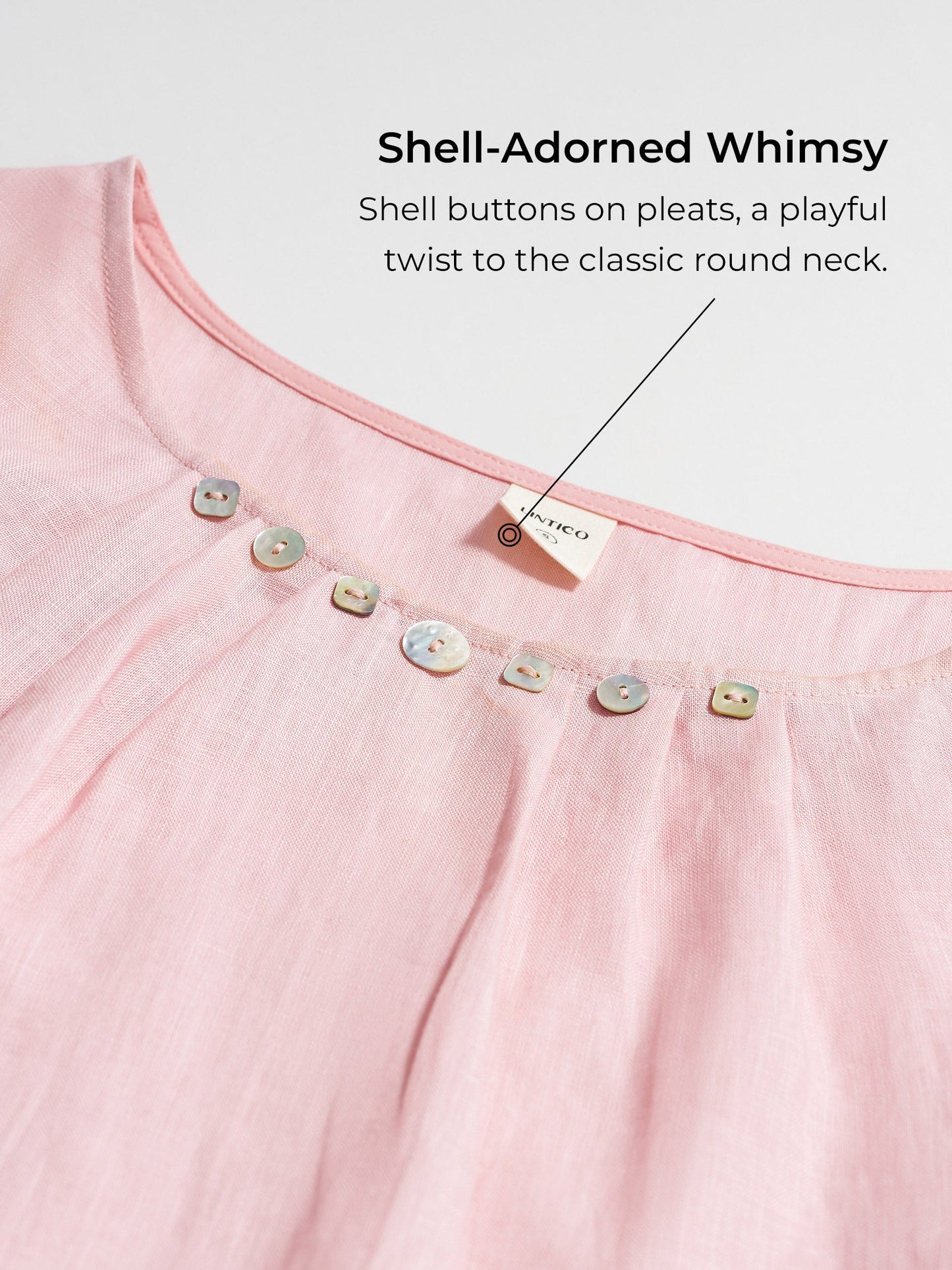 100% Linen Shell Button Pleated Crew Neck Top RENA