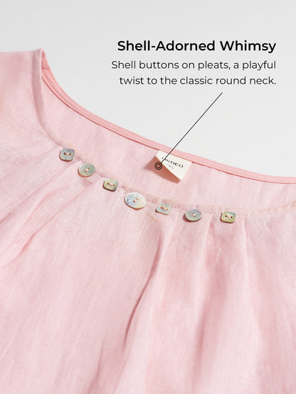 100% Linen Shell Button Pleated Crew Neck Top RENA