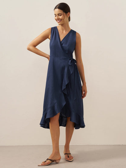 100% Linen V-Neck One-Piece Ruffle Hem Maxi Dress MAYA