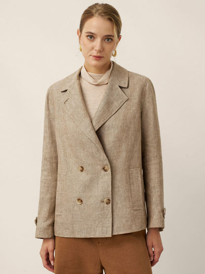 100% Linen Convertible Stand Collar Double Breasted Blazer Jacket NAOMI