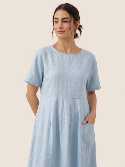 100% Linen Pinstripe Paneled Short-Sleeved Dress MORGAN