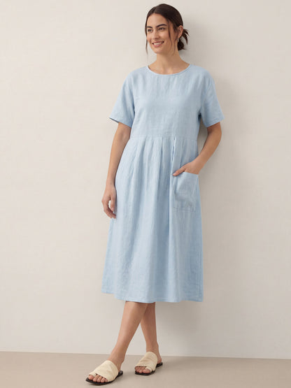 100% Linen Pinstripe Paneled Short-Sleeved Dress MORGAN