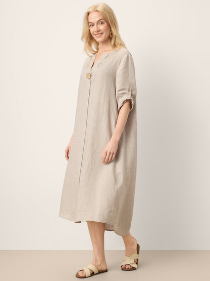100% Linen Stand Collar V-Slit Tab Sleeve Maxi Dress LEORA