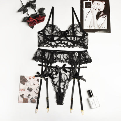Sexy Black Transparent Mesh Lace Garter Three Piece Set