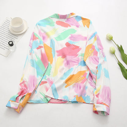 Summer Women Clothing Retro Rayon Collar Printing Loose Shirt