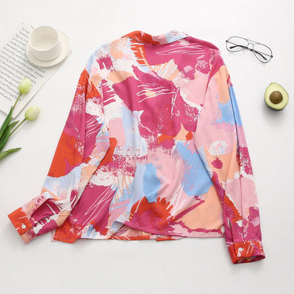 Summer Women Clothing Retro Rayon Collar Printing Loose Shirt