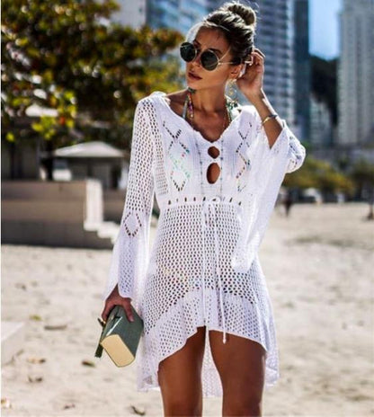 Hollow out Knitted Dress Bell Sleeve Beach Jacket Sexy Beach Cover Up Sun Protection Clothing Swimsuit Outwear Crochet hook