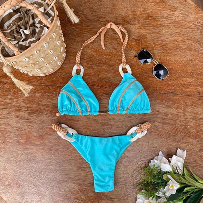 Halter Swimsuit Women High Cut Bathing Suit Triangle Bikini Set Bathers Patchwork Swimwear Women Micro Biquini