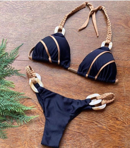 Halter Swimsuit Women High Cut Bathing Suit Triangle Bikini Set Bathers Patchwork Swimwear Women Micro Biquini