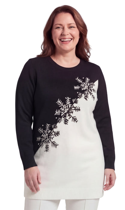 Women's Cozy Long Sleeves Snowflake-Decorated Color Block Holiday Crewneck Sweater - Classy Christmas Pullover in 100% Soft Durable Acrylic