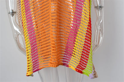 Summer Beach Cover-up Hollow Out Cutout Knitted Rainbow Holiday Bikini Cover Sun Protection Clothing Women