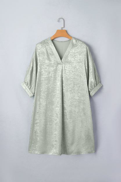Metallic V-Neck Short Sleeve Mini Dress