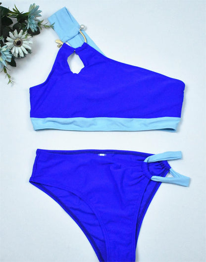 One Shoulder Sexy Metal Buckle Color Matching Bikini Women Split Swimsuit Women