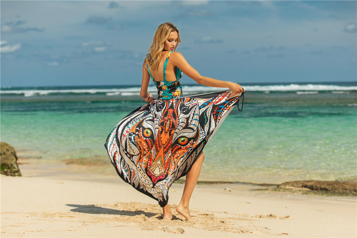 Animal Print Shawl Skirt Anti DDoS Skirt Swimsuit Outer Lining Cross Wear Irregular Asymmetric Suspender Skirt