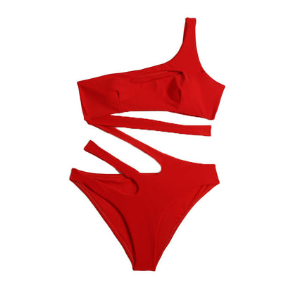 Solid Color One Shoulder Hollow Out Cutout out Swimsuit Women Vacation Travel Beach Spring Swimsuit