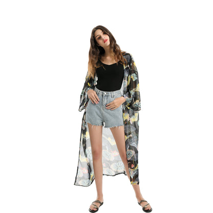 Spring, Summer, Autumn Classical Elegant Floral Lotus Leaf Travel Sun Protective Blouse Swimwear Cover up
