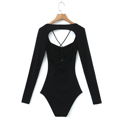 Spring Sexy Sexy Slim Fit Slimming Hollow Out Cutout Backless Tied Long Sleeves Knitted Jumpsuit Crisscross