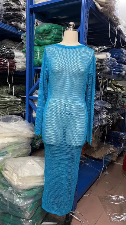 Knitted Hollow Out Cutout out See through Backless Dress Sexy Two Way Seaside Vacation Sun Protection Dress for Women