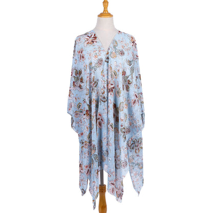 Retro Ethnic Print Elegant Socialite Beach Sun Protection Blouse Swimwear Cover up