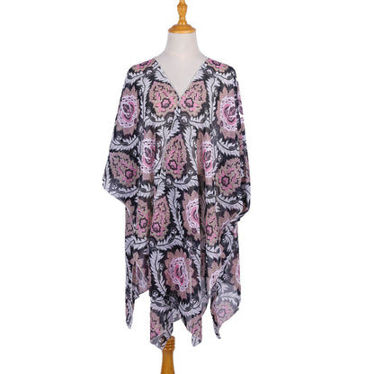 Platform Ethnic Rattan Floral Print Chiffon Sun Protection Cardigan Swimsuit Blouse