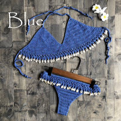 Beach Ins Hand Crocheting Cotton Woven Sexy Bikini Shell Split Swimsuit