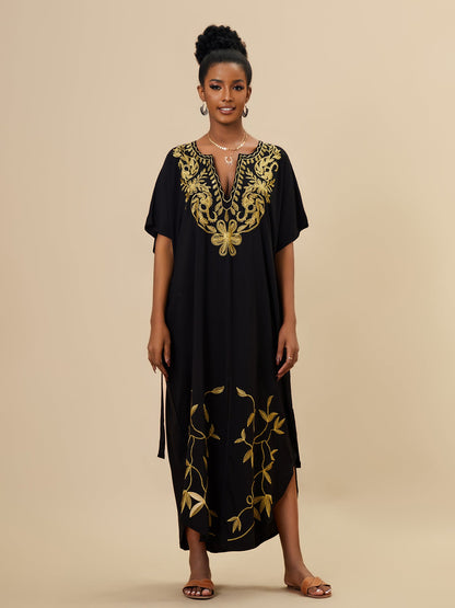 Holiday Maxi Dress Rayon Embroidered Beach Cover Up Sun Protection Clothing Bikini Cover Up