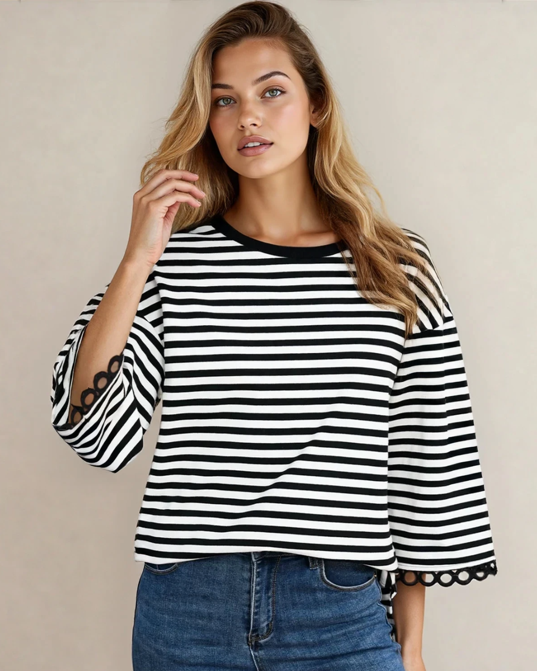 Amira Lace Trim Bell Sleeve Top - Black