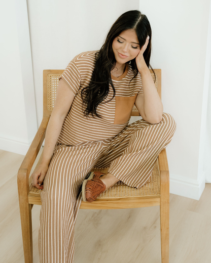Rowen Stripe Crew Neck Tee Drawstring Waist Cropped Pants Set