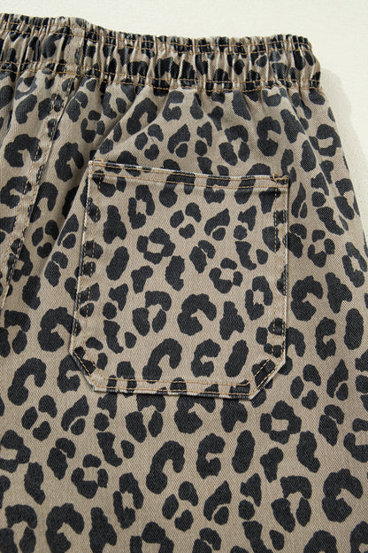 Leopard Denim Drawstring Elastic Waist Loose Pants