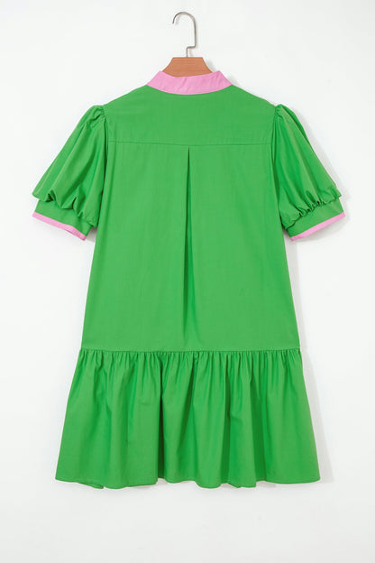Colorblock Split Neck Puff Sleeve Mini Dress