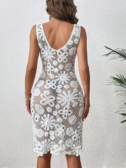 Women Summer New Super Slim Deep V-neck Cutout Crochet Sexy Dress Crochet hook
