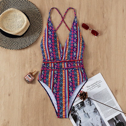 Bohemian Swimsuit Deep V Plunge Strap Sexy Backless Swimsuit Women