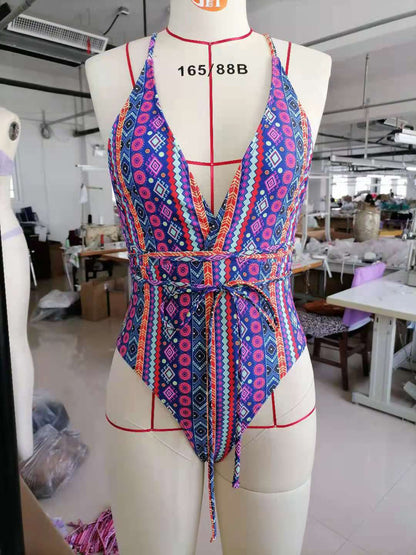 Bohemian Swimsuit Deep V Plunge Strap Sexy Backless Swimsuit Women