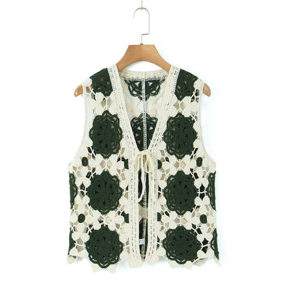 Spring Arrival Contrast Color Crocheted Top Comfort Casual Women Clothing Hong Kong Retro Hollow Out Cutout Design Vest