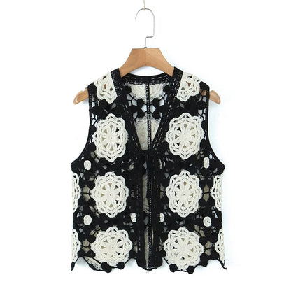 Spring Arrival Contrast Color Crocheted Top Comfort Casual Women Clothing Hong Kong Retro Hollow Out Cutout Design Vest