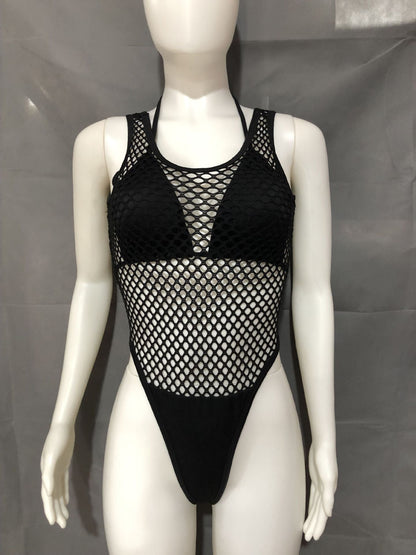Hollow Out Cutout Mesh Hole See through Sexy Siamese Bikini Two Piece Set