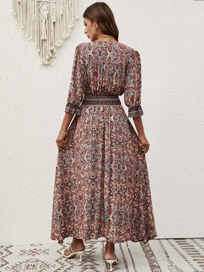 Women Summer New Arrival Cotton Positioning Printed Seven Sleeve Belted Bohemian Dress Travel Vacation Buckle Beach Dress