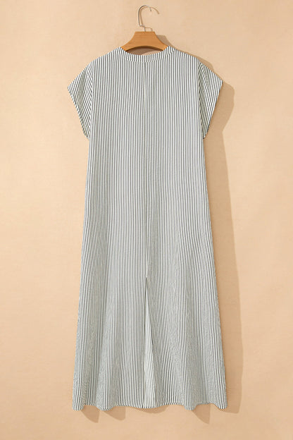 Stripe Frilled Half Buttoned Maxi Dress