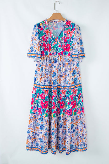 Floral Tie Split Neck Short Sleeve Dress
