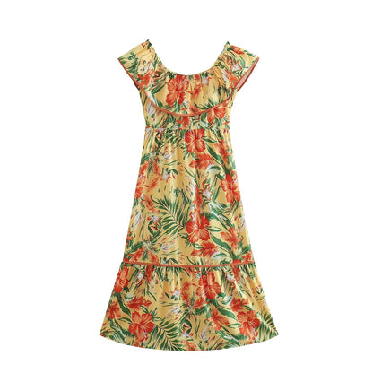 Women Clothing French High Waist Slimming Two Way Lace Chiffon Printed Dress