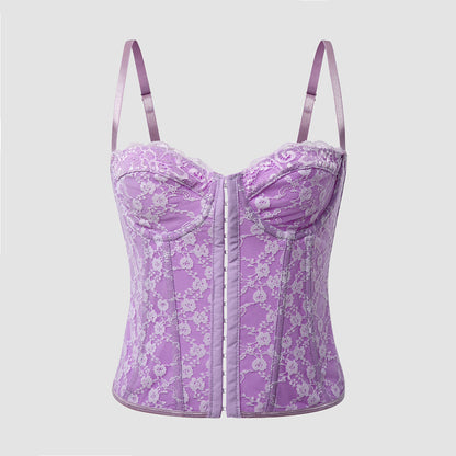 Women Clothing Sexy Solid Color Lace Sling Boning Corset Steel Ring Wrapped Chest Breasted Backless Vest