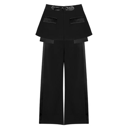 Leather Belt Short Skirt Waist Seal Work Pant Two Piece Set Drooping Wide Leg Pants Women Two Piece Set