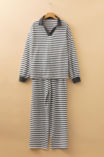Stripe Collared Top and Drawstring Pants Set